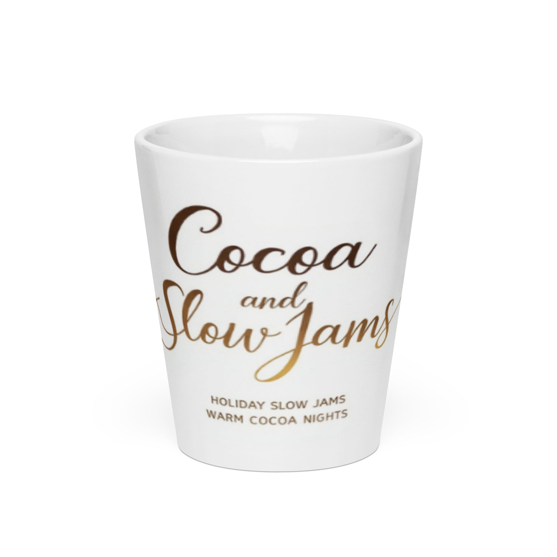 “Cocoa and Slow Jams Latte Mug – white ceramic mug with cocoa-brown logo, perfect for coffee, tea, or cocoa”