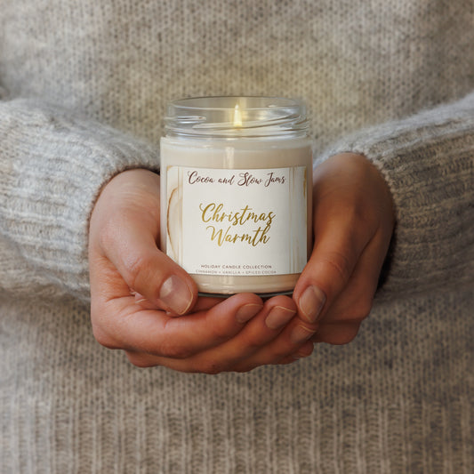 “Christmas Warmth Candle by Cocoa and Slow Jams – holiday soy candle in glass jar with cinnamon and cocoa scent”
