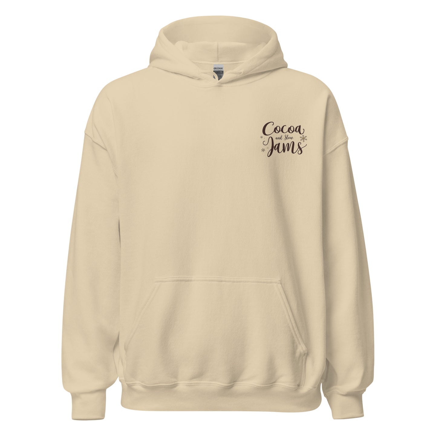 “Cocoa and Slow Jams Cozy Hoodie – cream unisex hoodie with cocoa-brown logo, perfect for holiday comfort”